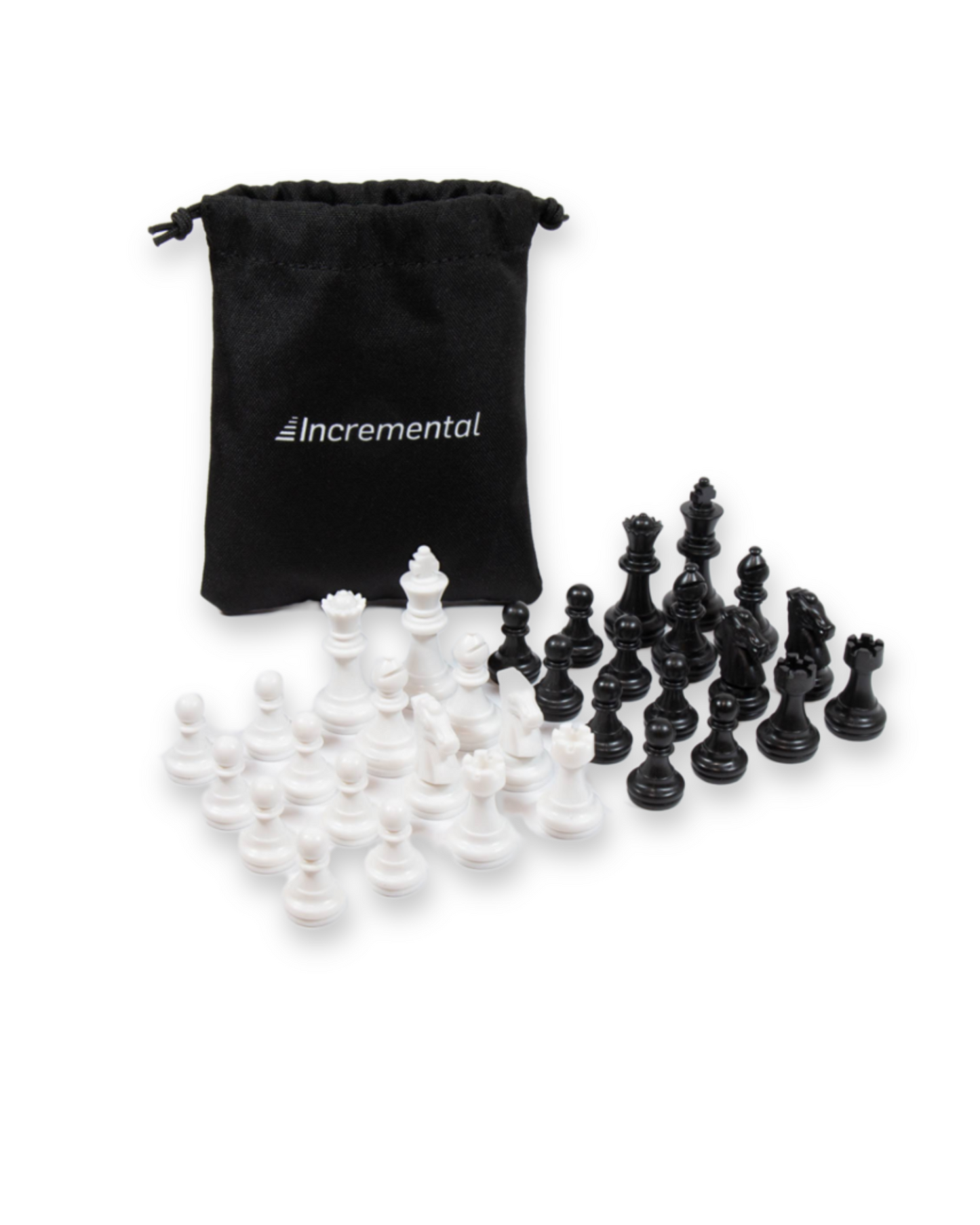 32 chess pieces on display with incremental storage pouch