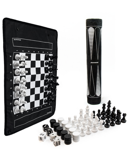 Magboard hanging vertically with chess pieces attached. Rolled up and also all the included playing pieces and dice displayed 