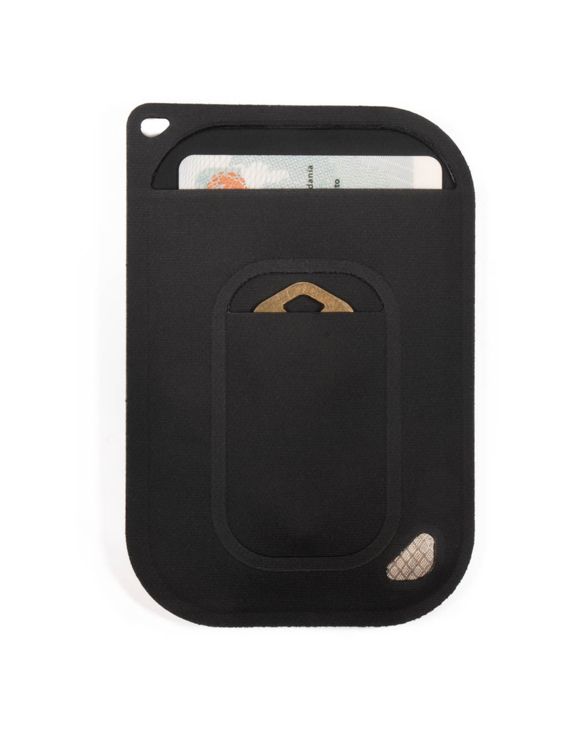 studio image of incremental RFID EDC slim wallet with a house key and card slightly showing