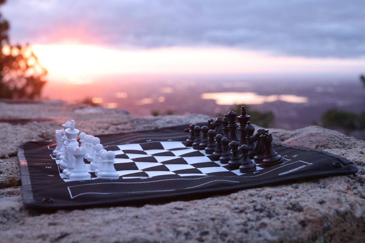 Incremental MagBoard Chess on Mountain Ledge at Sunrise