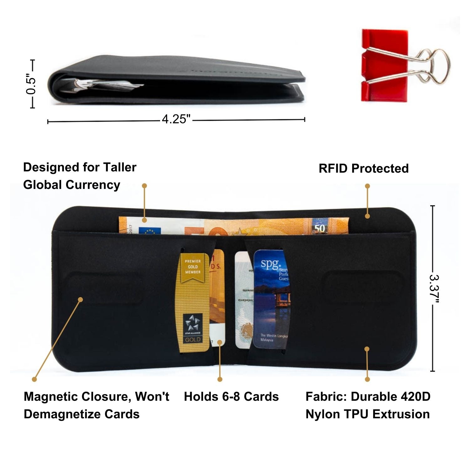 feature overview of the incremental bifold wallet, RFID protected, Holds 6-8 cards, Nylon TPU