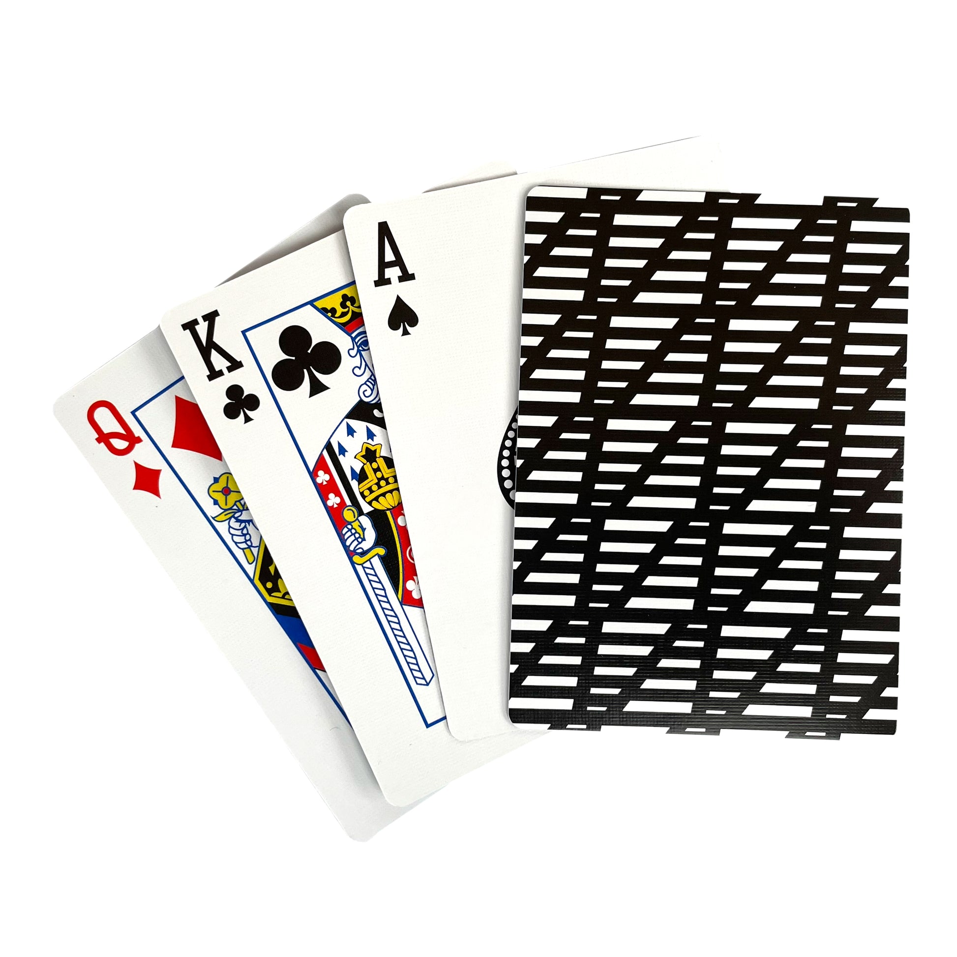 Queen King and ACE face cards showing with one card face down showing card design