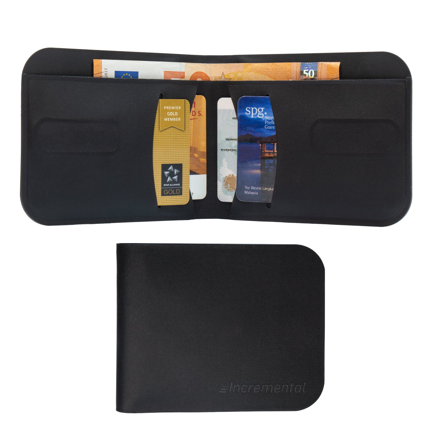 image of the incremental Bifold wallet open with a 50 Euro bill and cards showing