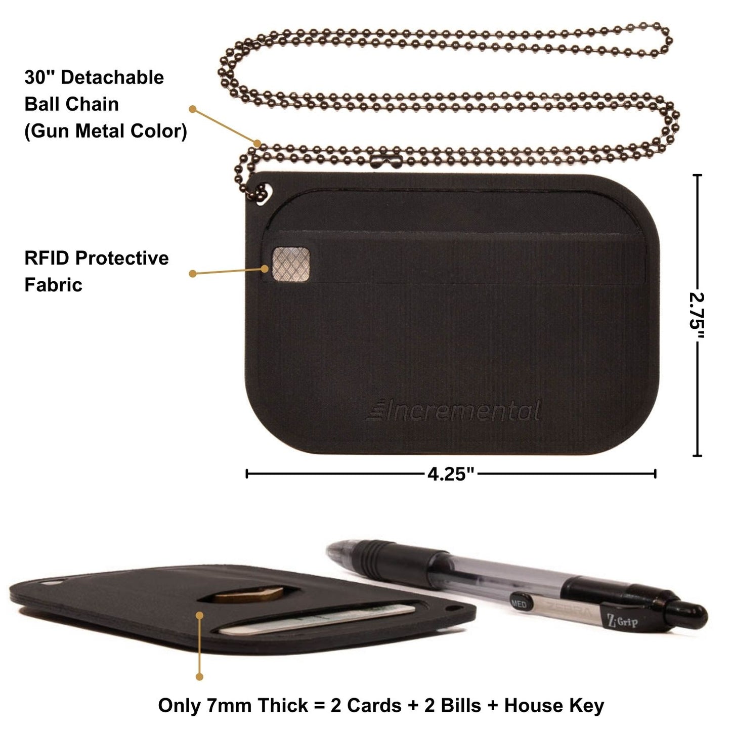 feature call out image of the incremental RFID EDC slim wallet, 30" ball chain