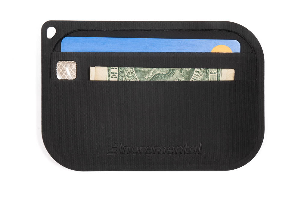 The backside of the incremental RFID EDC slim wallet showing cash and a card